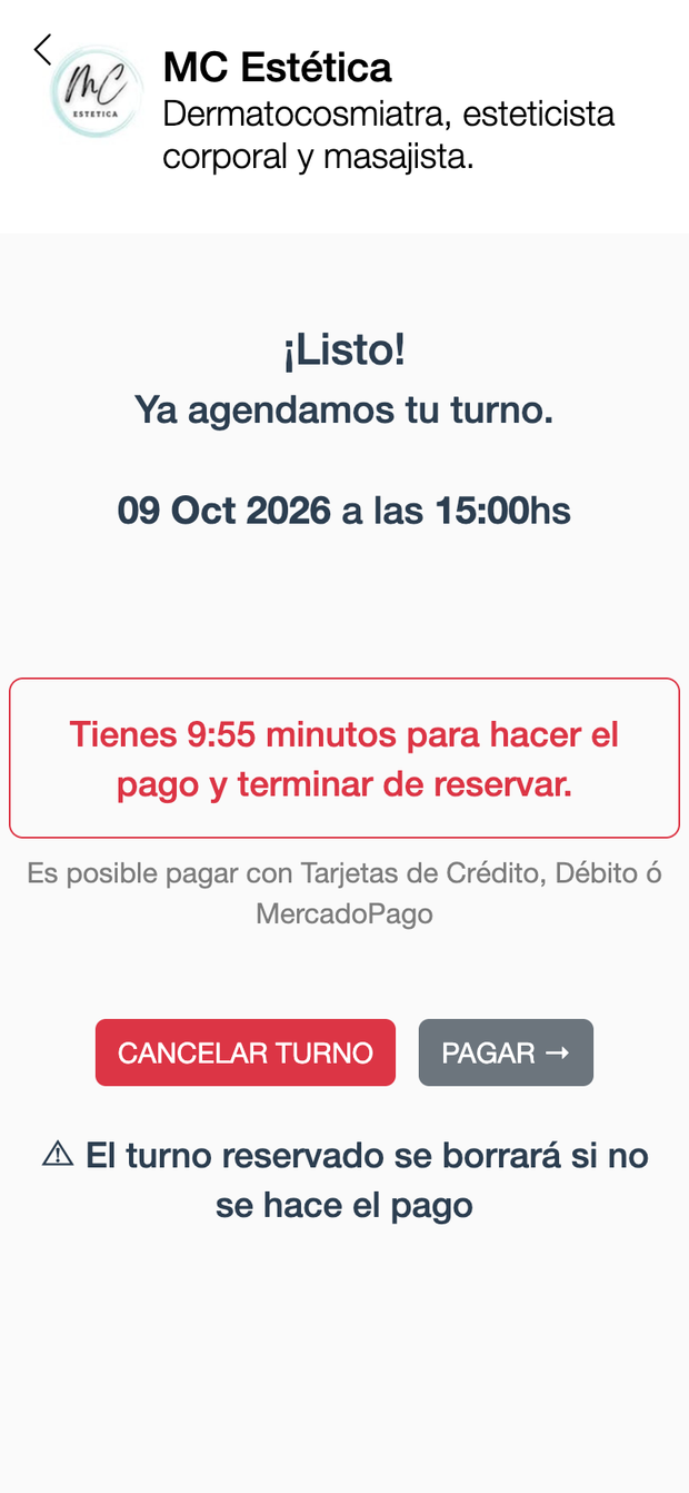 Pantalla de pago con diez minutos para completar la reserva